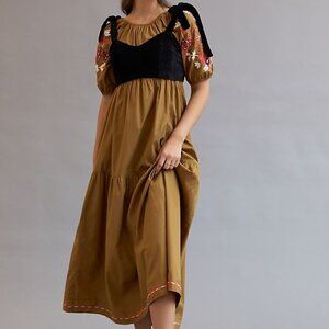 NWT Anthropology Letmebe Embroidered Tiered Maxi Dress with Black Velvet Topper